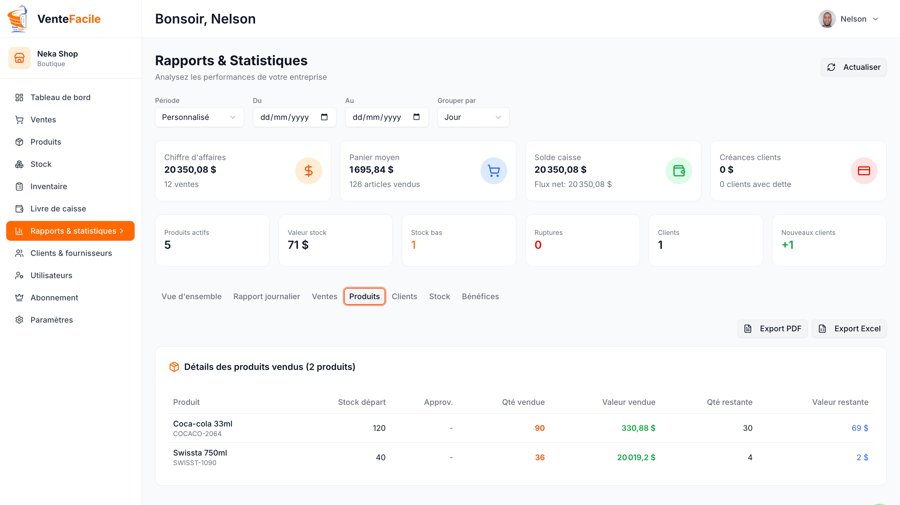 Aperçu de l'application VenteFacile